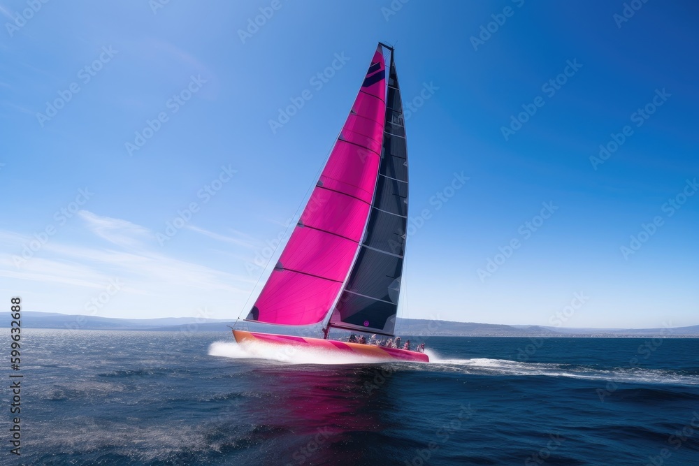 Naklejka premium modern racing sailboat through the water, with wake and sails visible, created with generative ai