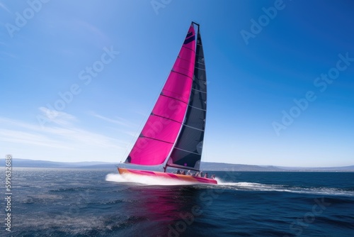 modern racing sailboat through the water, with wake and sails visible, created with generative ai
