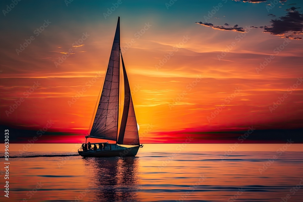 sunset sailboat at full sail on calm sea, with colorful sky in the background, created with generative ai