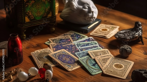 Tarot cards and magic attributes on wooden table. AI Generative