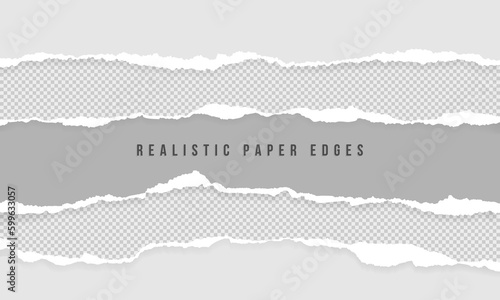 Realistic torn paper edges on grey and transparent background for text message. Ripped notebook, blank page split and grunge note scrap illustration. Newspaper strip clip art and vector ornament.