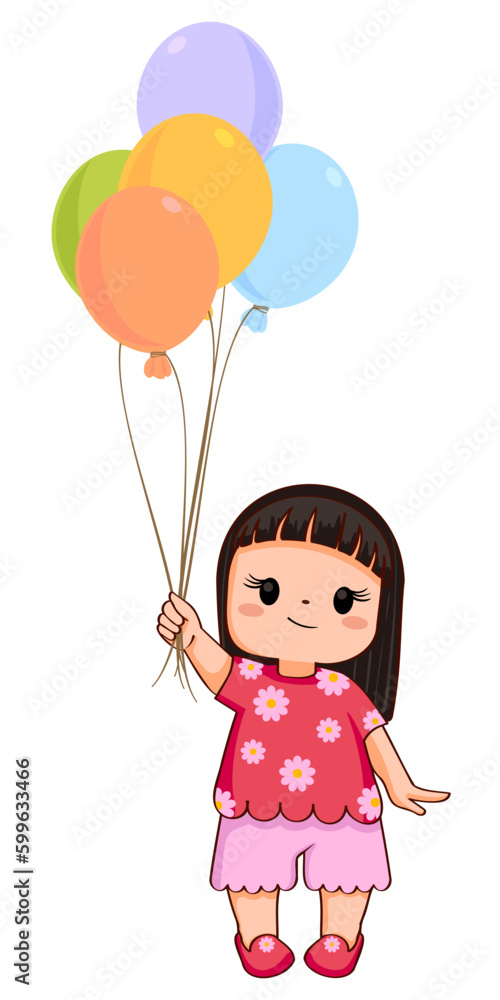 Cute kawaii cartoon girl in costume holding colorful balloons Cute kawaii cartoon girl in costume holding colorful balloons