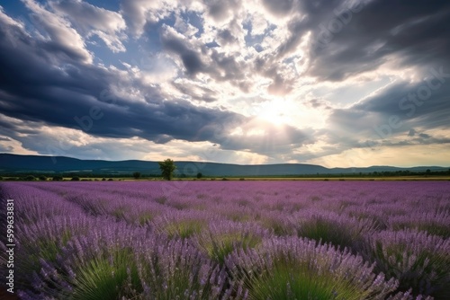 lavender field blooming in the sunlight  with dramatic sky in the background  created with generative ai