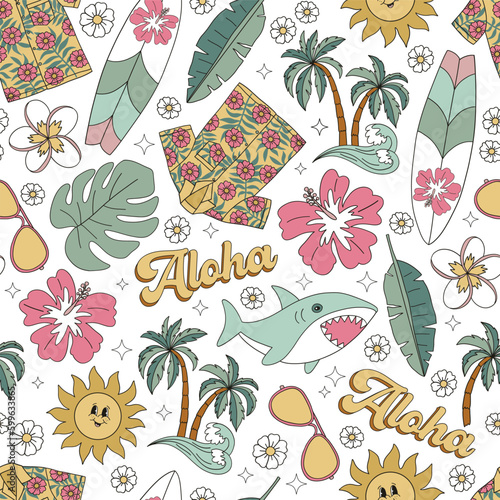 Aloha shirt, palms, monstera leaf, sunglasses, surf board, shark, sun, hibiscus flower vector seamless pattern. Hawaii vacation background. Retro surface design for textile, scrap book 