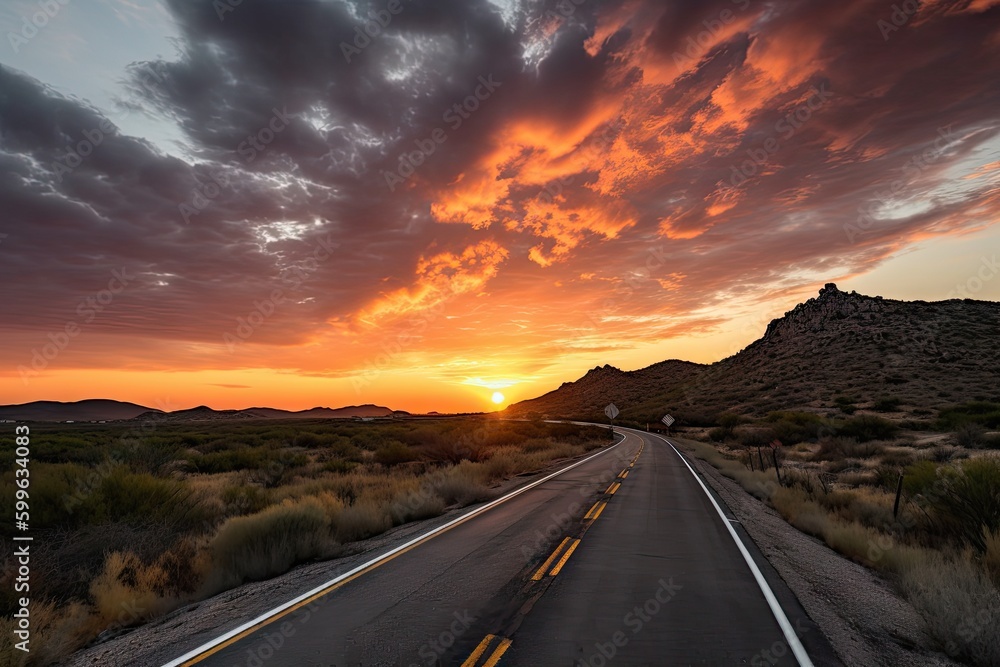 scenic highway at sunrise, with dramatic sky and clouds in the background, created with generative ai