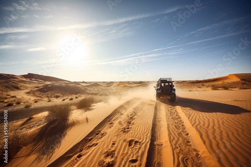 off-road vehicle speeding through desert landscape  with sun shining and clear blue sky visible  created with generative ai