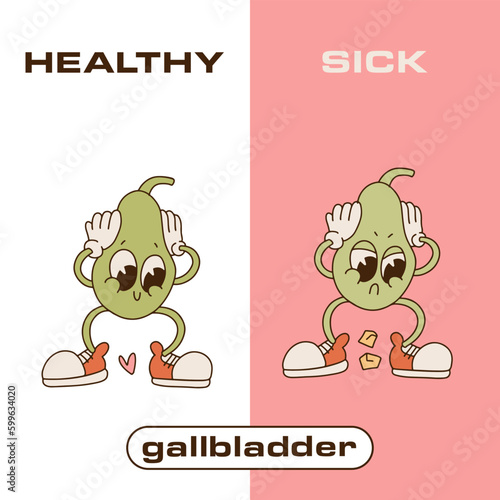 Happy healthy gallbladder vs sick sad gallbladder with stones. Retro cartoon Characters to illustrate the problem of cholecystitis, gallstone disease. Hand drawn 90s-00s vector illustration photo