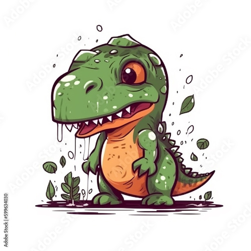 Illustration of a cute baby T-rex in a 2D cartoon style with a plain background. This dinosaur is translated with an interesting and child-friendly character.