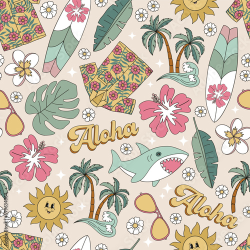 Aloha shirt, palms, monstera leaf, sunglasses, surf board, shark, sun, hibiscus flower vector seamless pattern. Hawaii vacation background. Retro surface design for textile, scrap book 