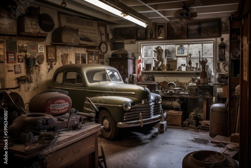 old garage, with car and tools on display, serving as tribute to the past, created with generative ai