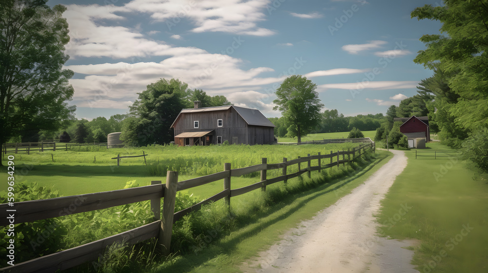 A peaceful and serene countryside farm with green pastures, grazing livestock, and traditional barns, radiating the simple pleasures and beauty of rural life.