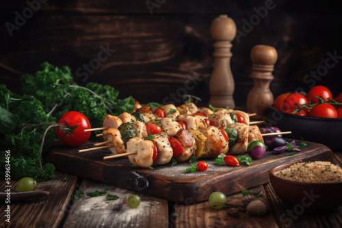 skewers with meat kebabs and vegetables on rustic wooden table. Ai generative