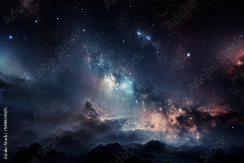 close-up of galaxy with nebula formations and stars in background, created with generative ai