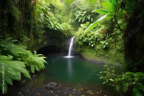 waterfall cascading into tranquil lagoon, surrounded by lush greenery, created with generative ai