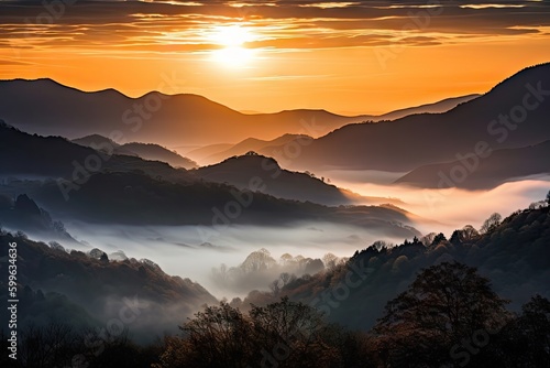 misty sunrise over misty mountains, with the sun peeking through, created with generative ai © Alfazet Chronicles