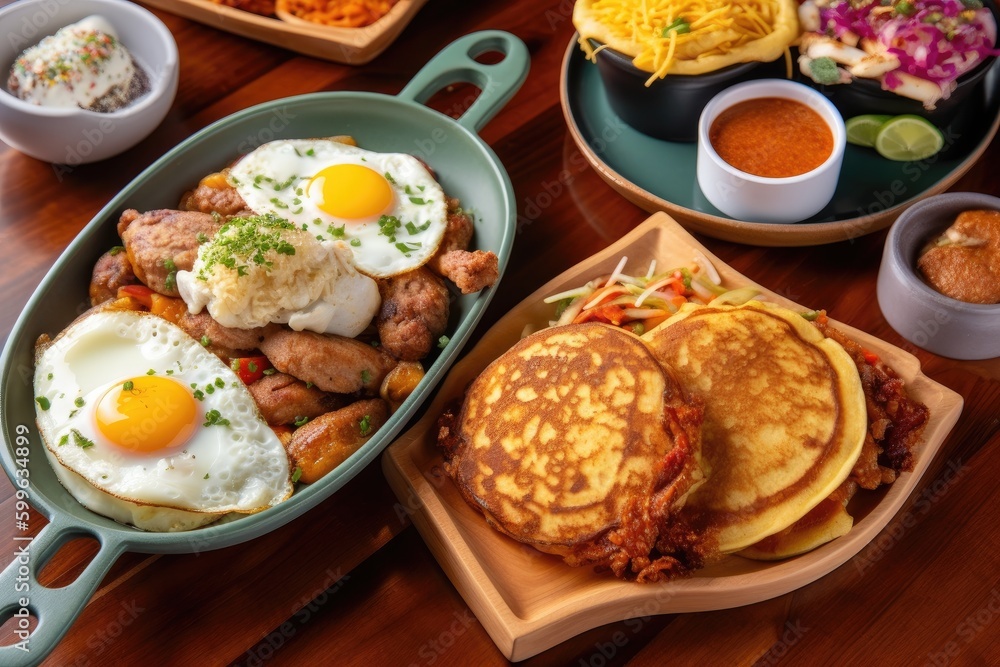 a mixed plate of savory breakfast foods: eggs, sausage, and pancakes, created with generative ai a mixed plate of savory breakfast foods: eggs, sausage, and pancakes, created with generative ai