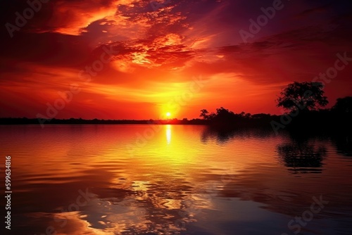 exotic sunset, with the sun setting over a calm and peaceful lake, created with generative ai
