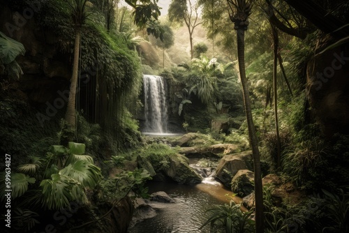 oasis with rushing waterfall surrounded by lush greenery, created with generative ai
