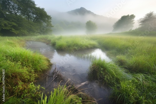 mountain stream, mist rising from the water in peaceful meadow, created with generative ai © Alfazet Chronicles