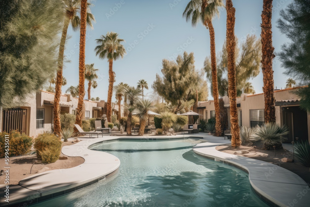 oasis with palm trees and shaded pool, surrounded by desert landscape, created with generative ai