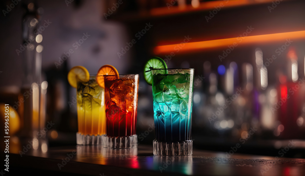 Cocktails drinks on the bar, blured background, AI Generative