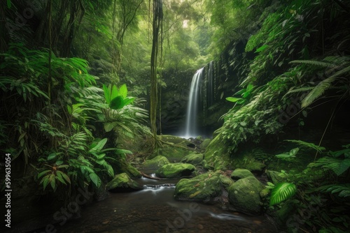 majestic waterfall cascading into lush jungle, created with generative ai