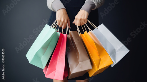 Cropped shot of female hand holding bunch of different colorful blank shopping bags over isolated black background. Many packets with in womans arms. Black friday sale concept. AI Generative