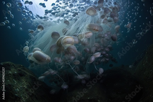 jellyfish swarm in underwater cavern, with schools of fish swimming by, created with generative ai