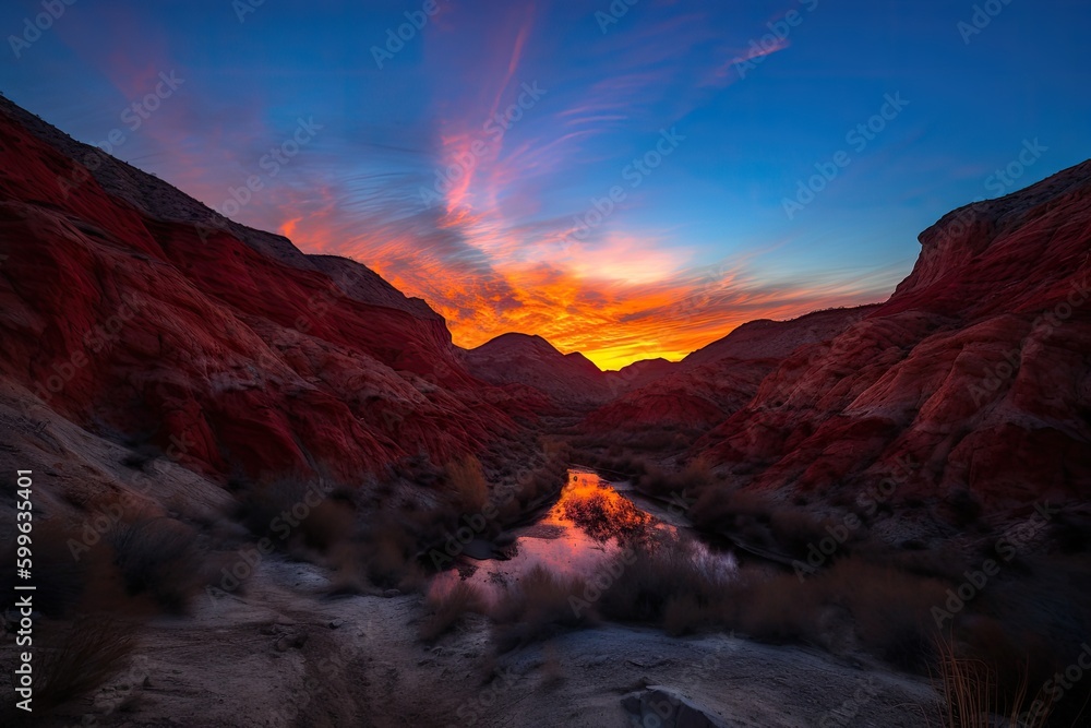 fire canyon sunset, with fiery reds and oranges shining against the blue sky, created with generative ai