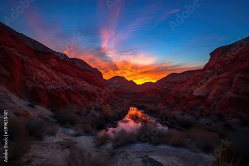 fire canyon sunset  with fiery reds and oranges shining against the blue sky  created with generative ai