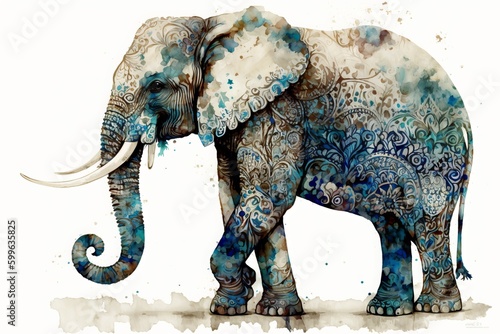 an elephant painted in blue and white on a white background