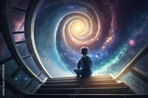 Fotobehang a person sitting on stairs looking at a spiral galaxy