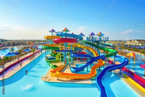 water park with vibrant and colorful slides, surrounded by blue waters, created with generative ai