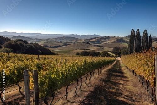 vineyard with rolling hills and distant mountain ranges in the background, created with generative ai