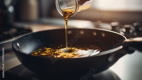 Man pouring sunflower oil on frying pan in kitchen. AI Generative