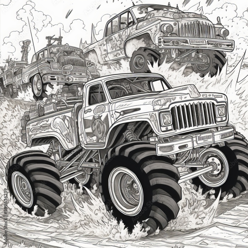 Coloring page black and white drawing of a monster truck Stock ...