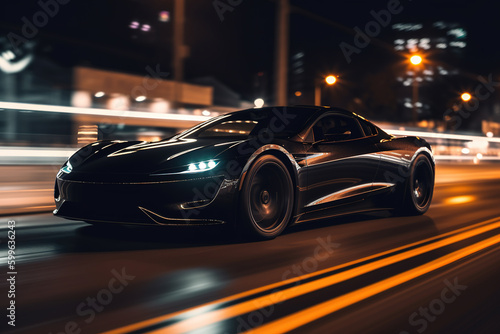 Sports car riding on a city road at night. Car in fast motion. Fast-moving car at night. Fast-moving supercar on the street. 