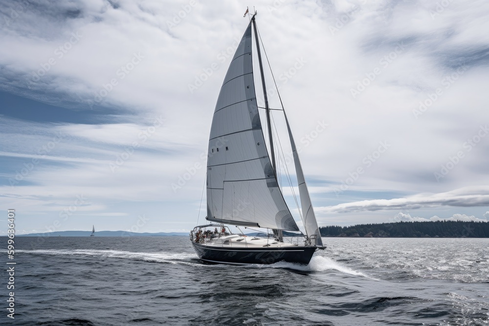 cruising sailboat with white sails billowing in the wind, created with generative ai