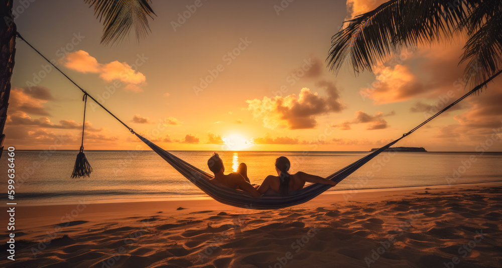 A beach summer vacation with a silhouette of a couple in a hammock at sunset on a tropical island. Beautiful golden light. (generative AI)