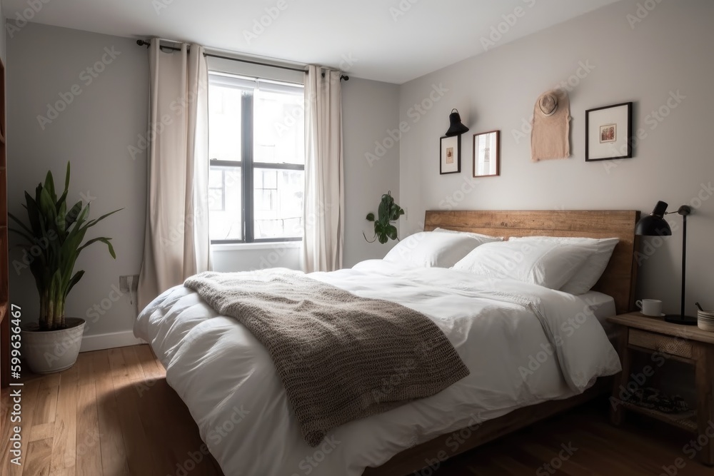 Fototapeta premium bedroom, with freshly laundered linens and fluffy pillows on the bed, created with generative ai
