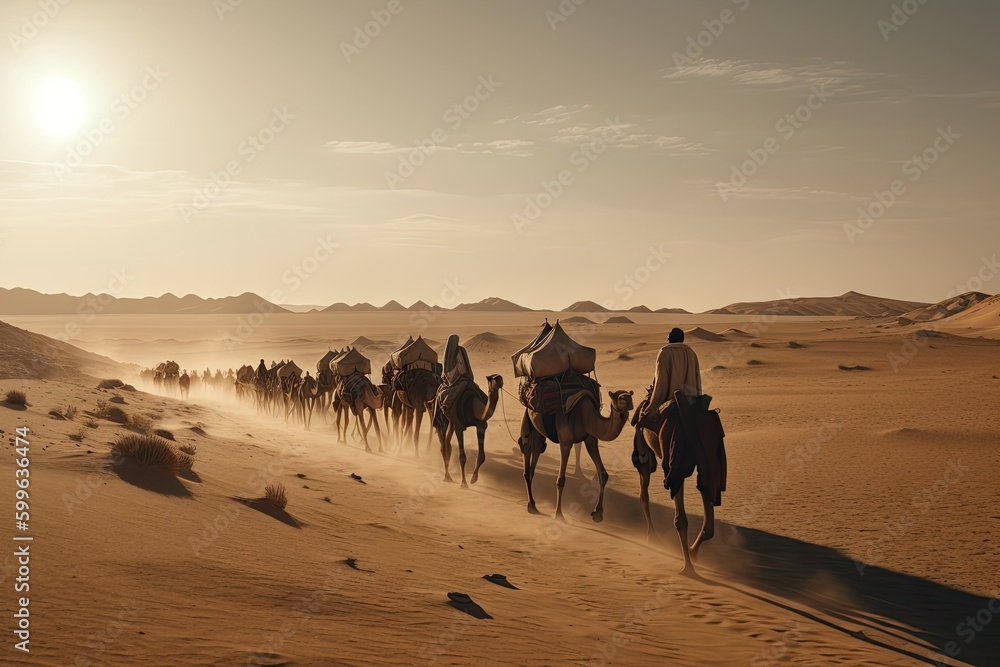 tribe traveling across vast desert, with camels and banners flying in the wind, created with generative ai tribe traveling across vast desert, with camels and banners flying in the wind, created with generative ai
