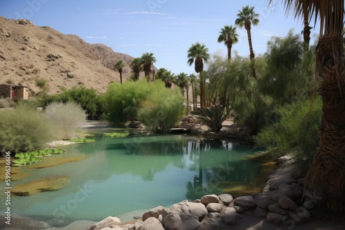 oasis with crystal-clear springs, surrounded by desert landscape, created with generative ai