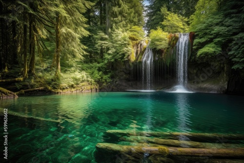 waterfall cascading into crystal-clear lake, with view of the forest in the background, created with generative ai