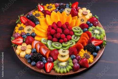 fruit plate with various fruits and berries  arranged in beautiful and creative way  created with generative ai