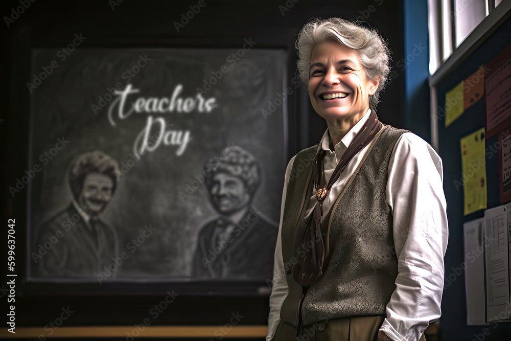 Generative AI illustration of happy senior female teacher in elegant outfit with gray hair smiling and looking away against chalkboard with picture and Teachers day inscription in school Generative AI illustration of happy senior female teacher in elegant outfit with gray hair smiling and looking away against chalkboard with picture and Teachers day inscription in school