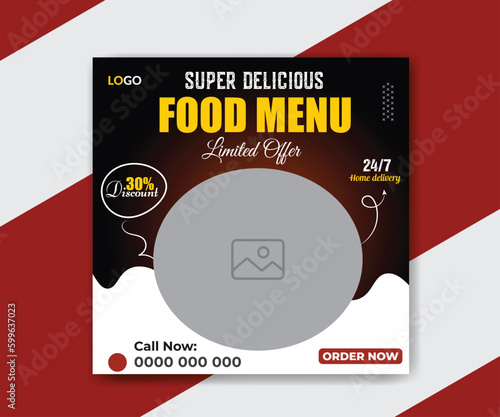 Super delicious food menu and restaurant business marketing social media post or web banner template design pizza, burger and pasta online sale promotion flyer or poster