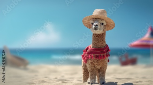 Alpaca on vacation at the beach enjoying a very bright and hot summer day on a tropical island far away, trendy holiday straw hat, blissful and relaxing vibe - generative AI