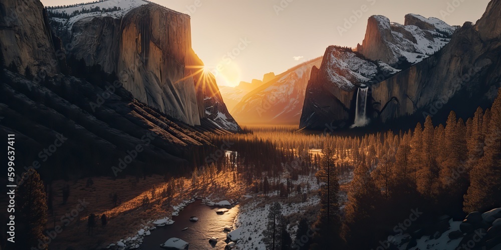 AI Generated. AI Generative. Photo realistic illustration of usa american national park in the evening morning. Adventure explore vibe. Graphic Art