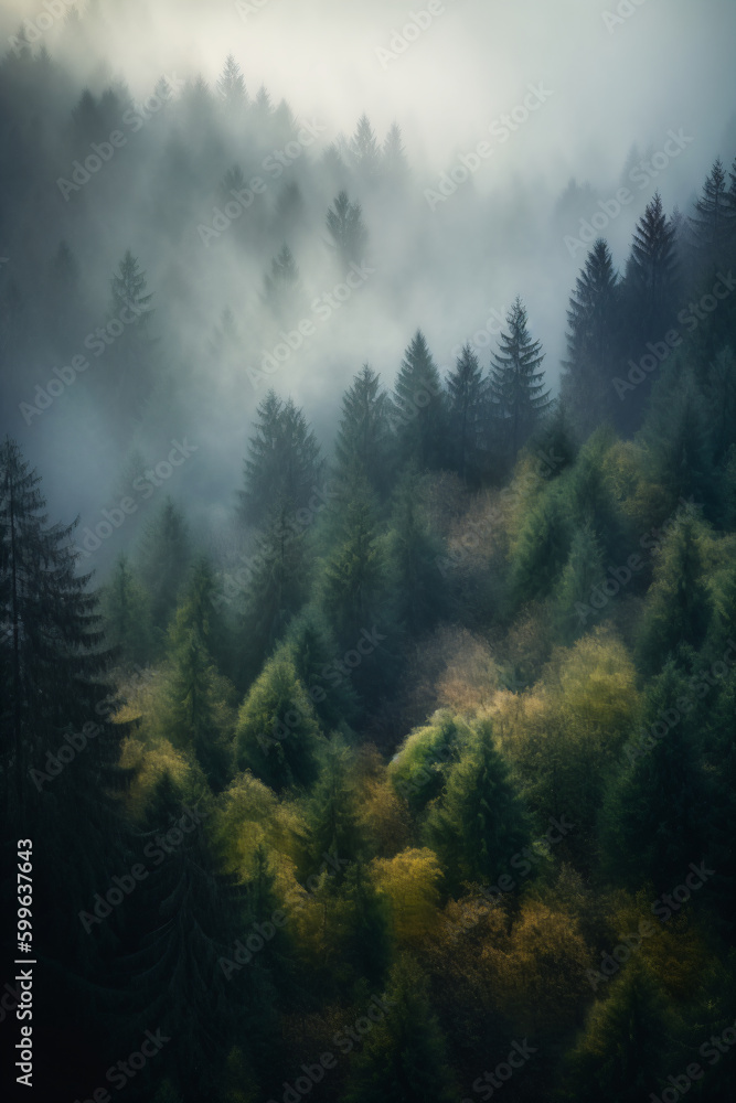 Foggy mountain forest landscape wallpaper and poster, Generative AI