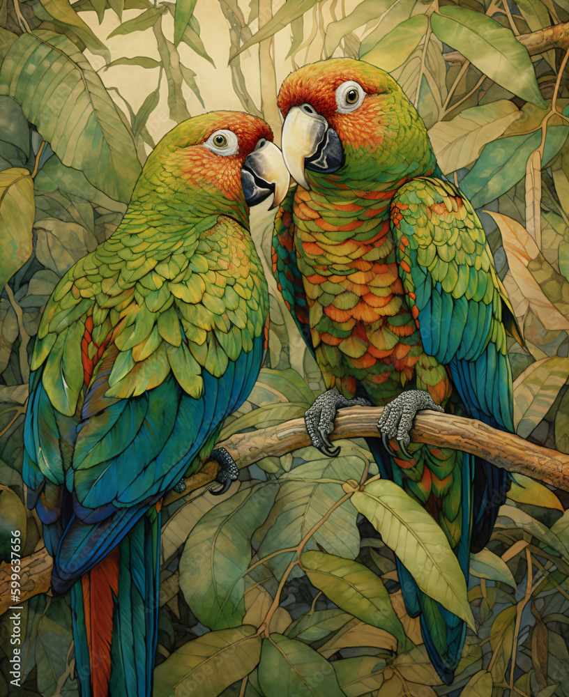 Fototapeta premium two colorful parrots on a branch in the jungle, realistic watercolor illustration, macaws, generative ai